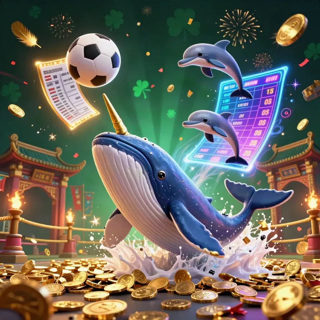Whale captain, narwhal, and dolphins amid coins, sports balls, and casino light effects
