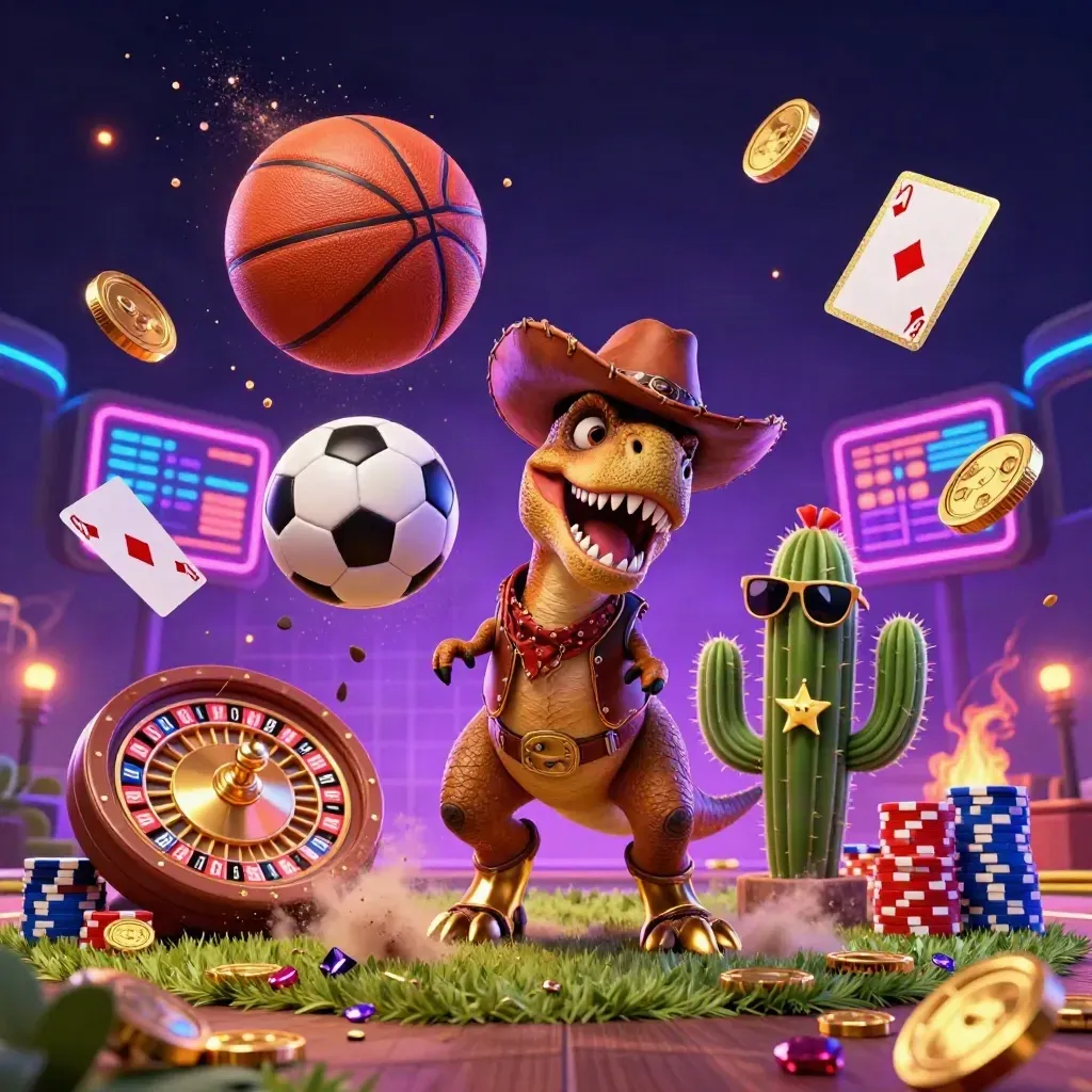 Cowboy T-Rex, cactus, and roadrunner burst amid casino icons and flying balls on neon turf.