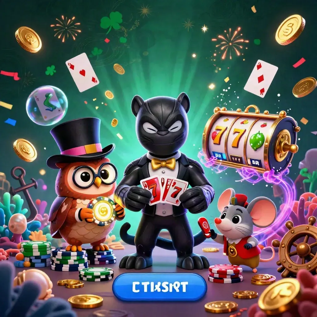 Panther, owl and mouse amid treasure cove lights, coins, coral and neon casino magic