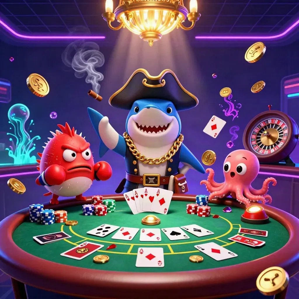 Pirate shark, pufferfish, and octopus amid casino lights, chips, cards, and neon underwater glow.
