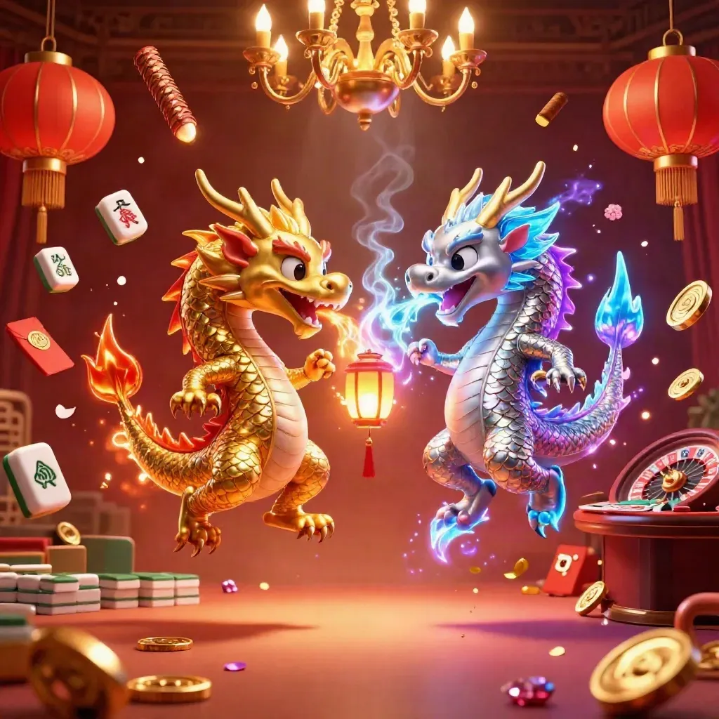 Gold and silver dragons spiral through neon casino air with lanterns, mahjong tiles, coins, fire, and ice.