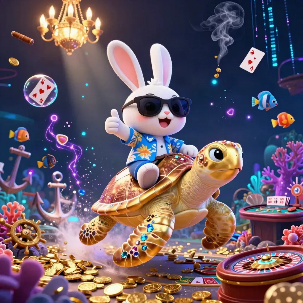 Lucky rabbit on a gold sea turtle in a neon treasure cove with casino lights and floating cards.