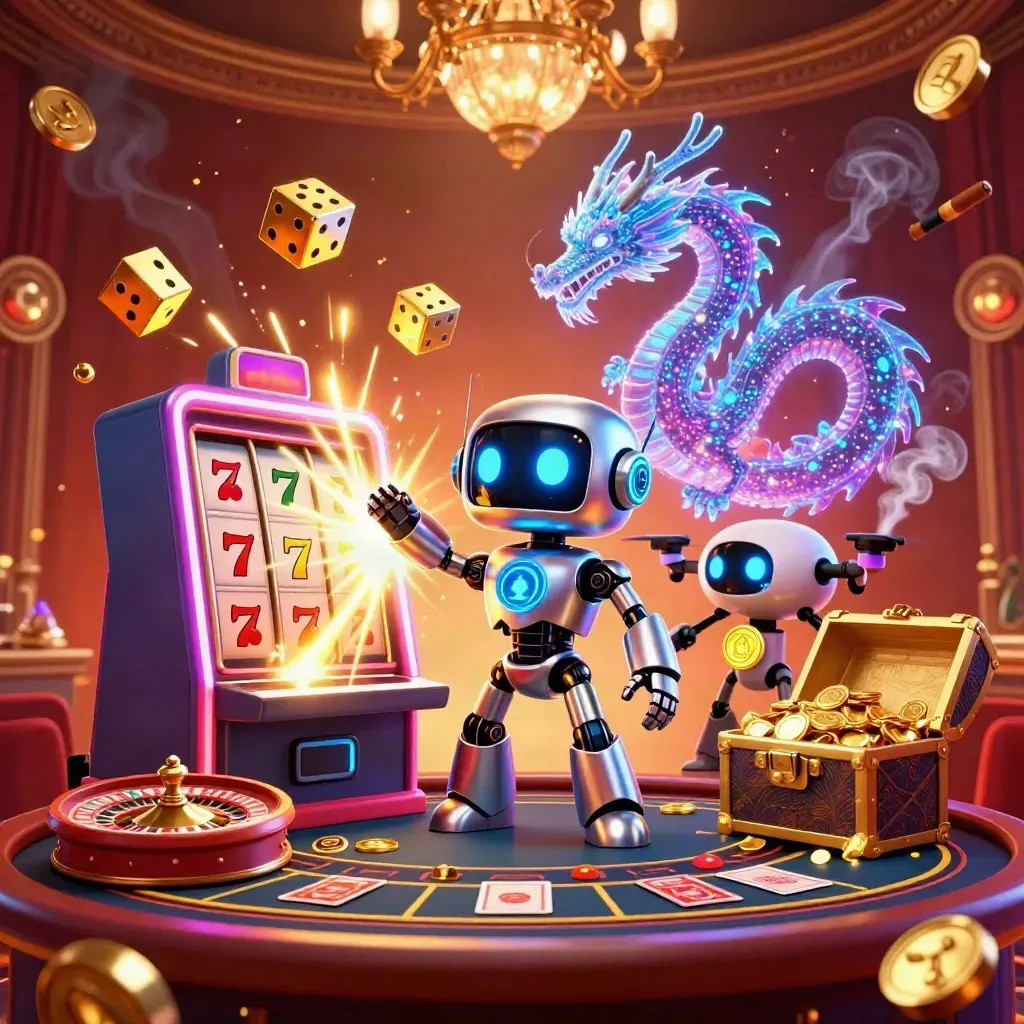 Cyberpunk robot, holographic dragon, and drone explode around a jackpot slot machine in a neon casino.