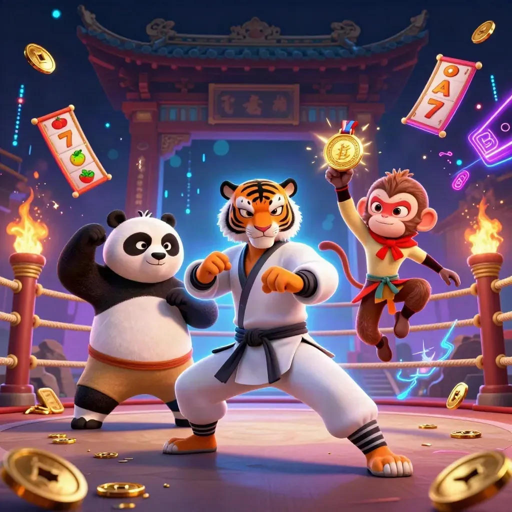 Kung-fu tiger, panda, and monkey in a neon torch-lit casino temple battle with coins flying.