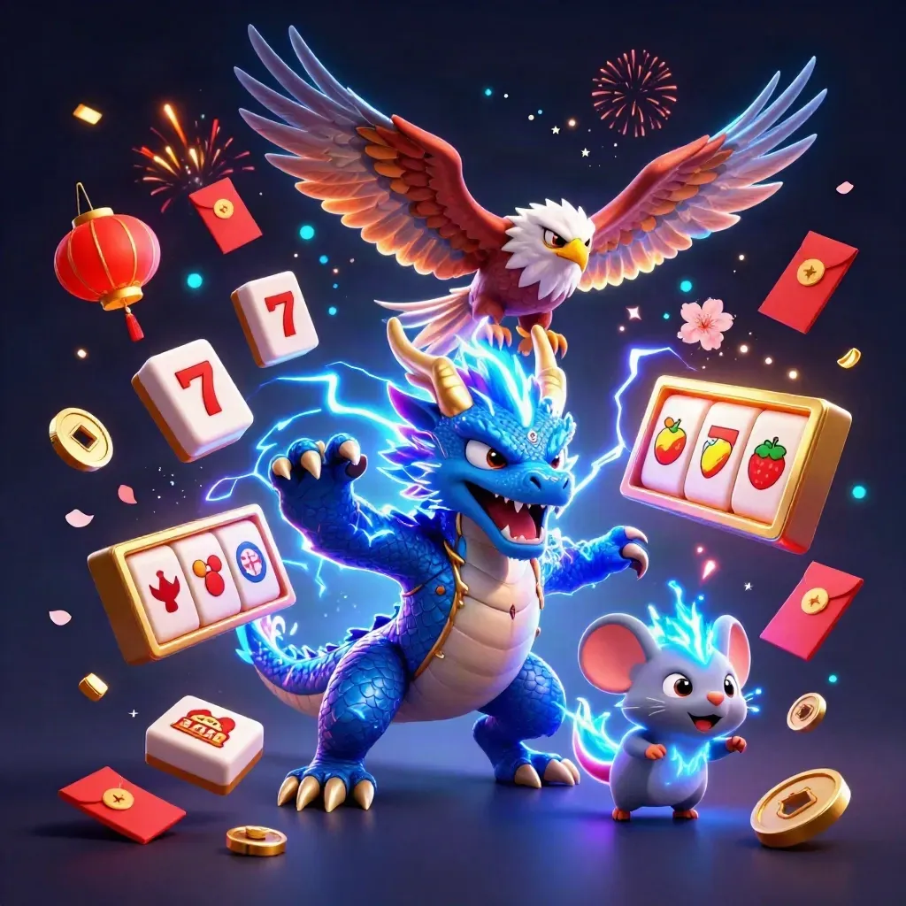 Thunder dragon, wind hawk, and static mouse amid blue lightning, jade coins, and casino symbols.