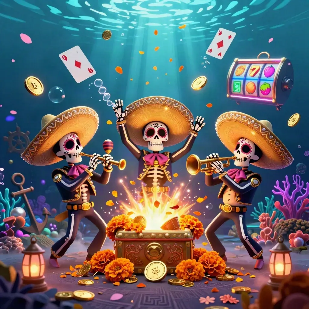 Day-of-the-Dead skeleton mariachi trio amid underwater treasure, neon coins, coral, and blue glow.