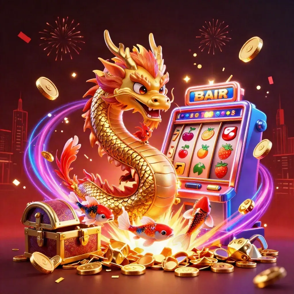Golden dragon, phoenix, koi, and slot machine burst with coins, fireworks, and neon casino energy.