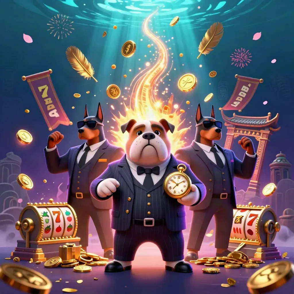 Bulldog boss and Doberman guards amid coins, reels, temple gate and neon casino magic.