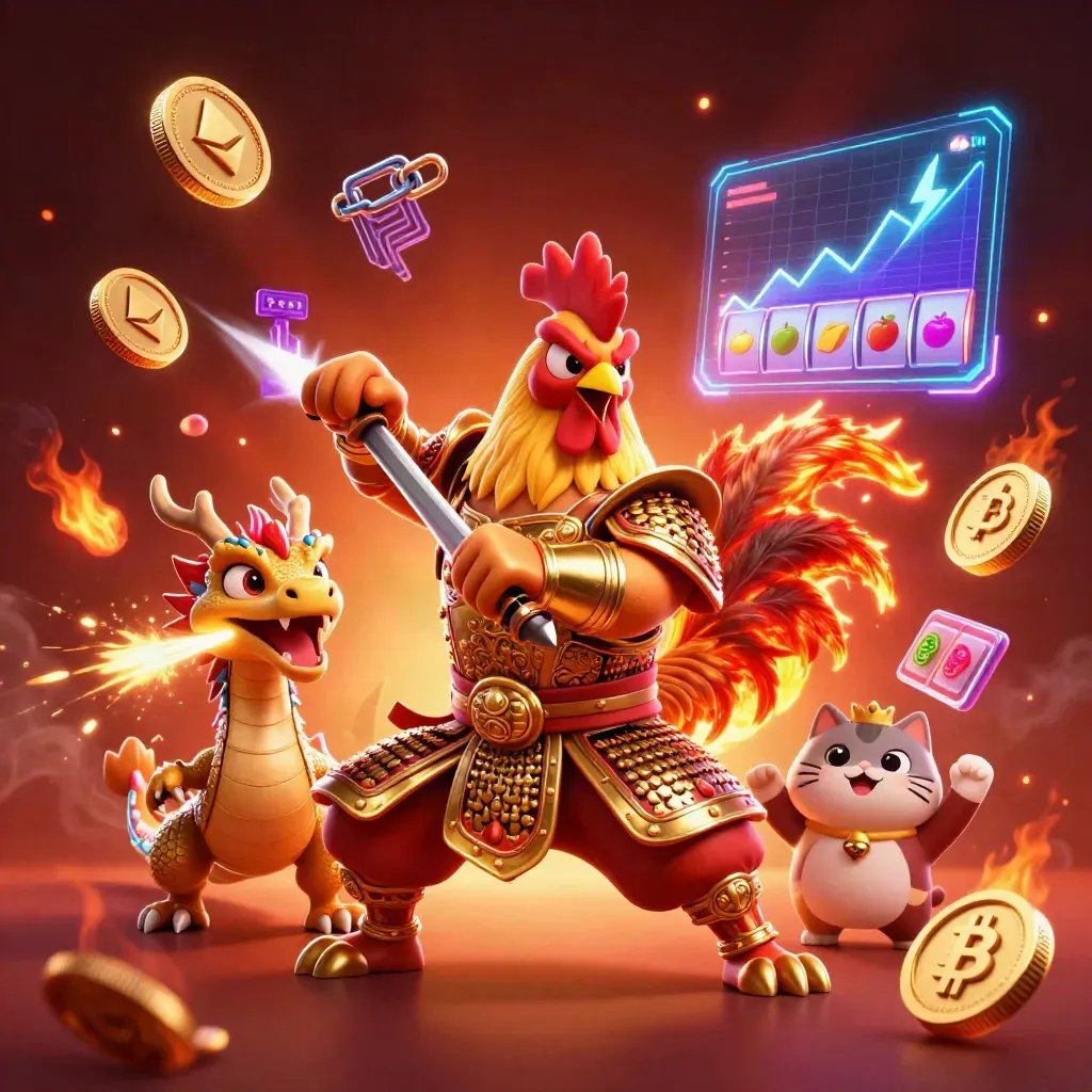 Rooster warrior, dragon hatchling and fortune cat amid neon coins, embers and lightning.