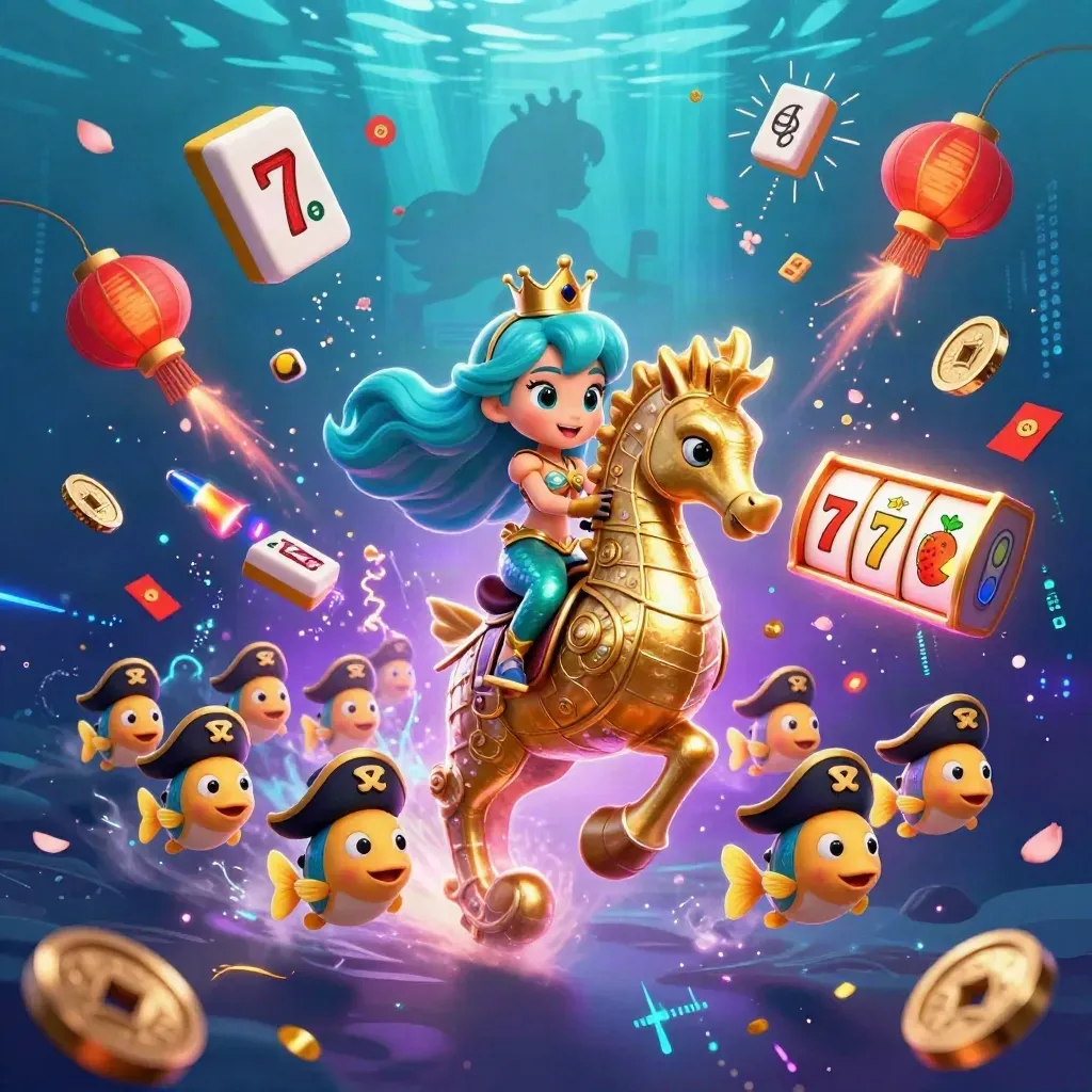 Mermaid princess on golden seahorse amid coins, fireworks, lanterns, and slot symbols in neon underwater glow