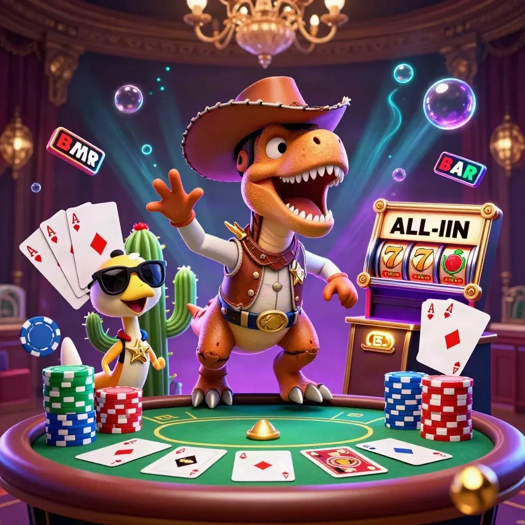 Cowboy T-Rex, cactus sidekick and roadrunner amid neon poker gear on a dark casino backdrop.