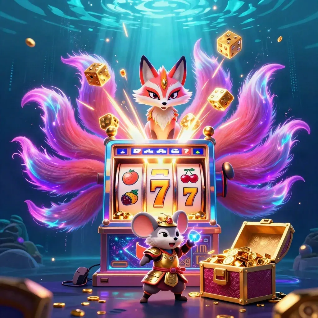 Fox spirit and mouse warrior amid exploding slot reels, gold, and neon casino energy.