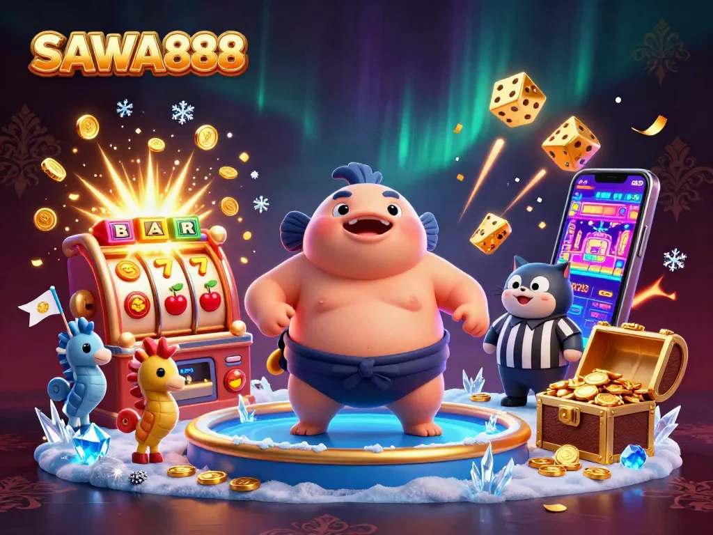SAWA888 showcases an exciting underwater casino scene with dynamic slot machines and festive characters.