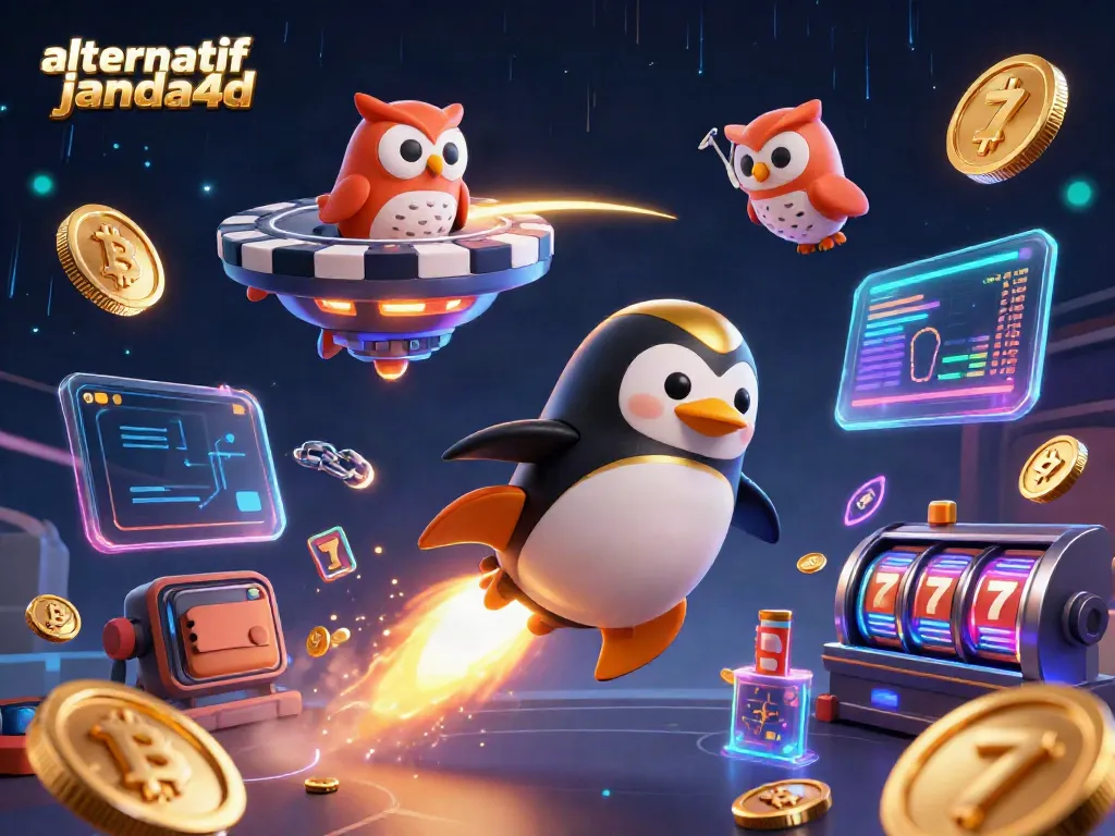 Ilustrasi 3D alternatif janda4d dengan penguin emas dan elemen judi interaktif