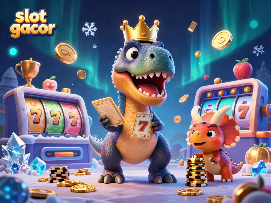 Slot gacor dengan dinosaurus lucu bermain slot dan tumpukan chip emas, menambah keseruan kasino.