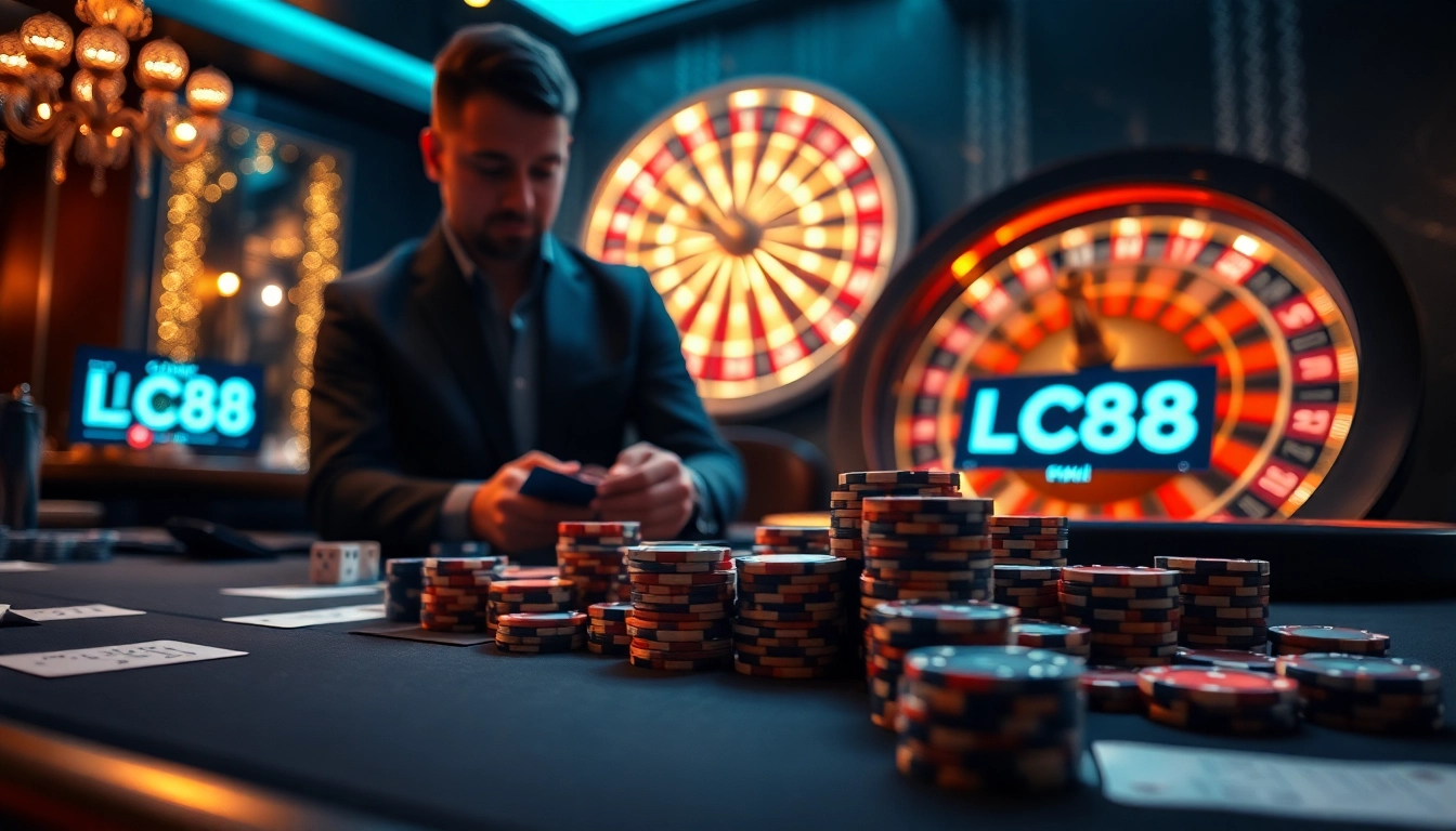 Players strategizing their bets at an LC88 poker table in a vibrant casino atmosphere.