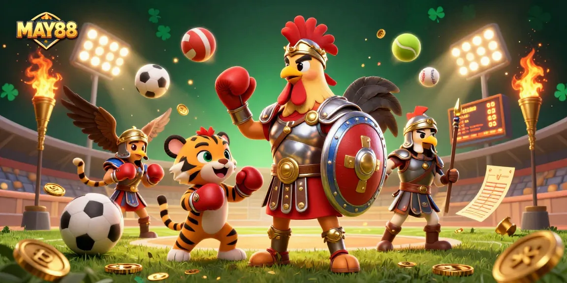 MAY88 showcases a dynamic scene with an armored rooster and tiger cub, capturing the excitement of sports betting.