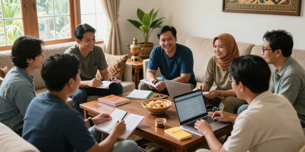 Pertemuan ramah di ruang tamu tentang strategi togel di BUKUMIMPI138.