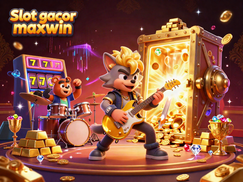 Experience Slot gacor maxwin with a rock star wolf and treasures bursting from a vault!