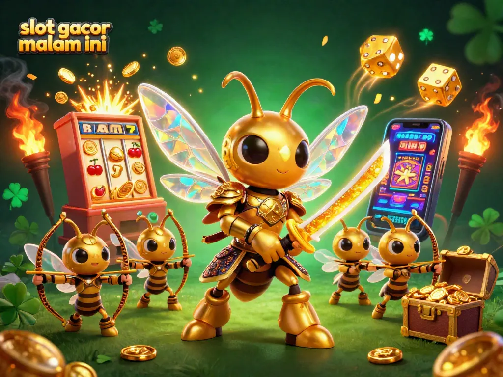Menangi slot gacor malam ini dengan jackpot dan simbol keberuntungan dalam gambar 3D yang memukau.