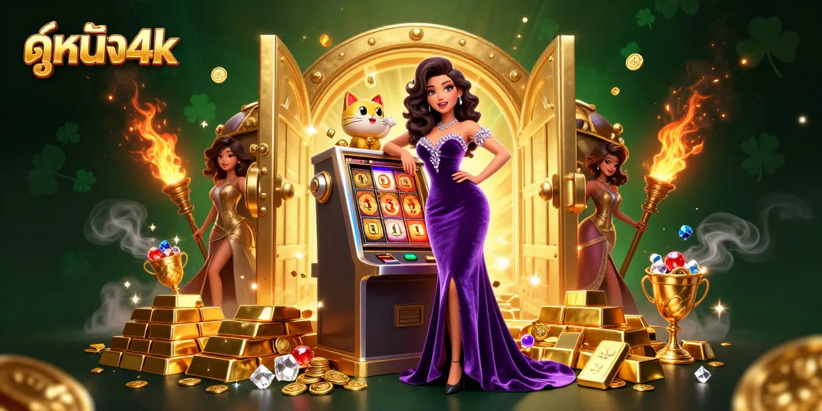 Experience exciting ดูหนัง4k action with a glamorous scene featuring a jackpot, fortune cat, and falling coins.