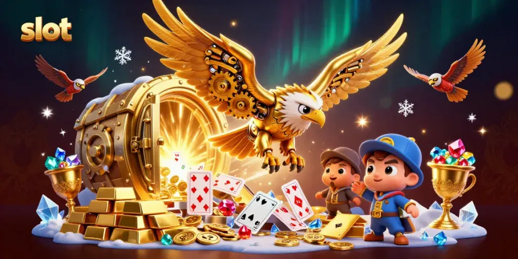 Menggambar slot dengan burung elang mekanik terbang di antara kartu holografik dan harta karun.