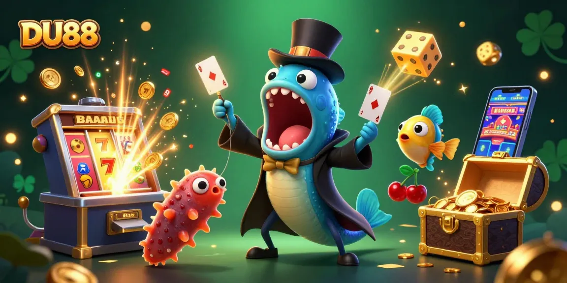 DU88 casino scene featuring a gulper eel magician, anglerfish spotlight, and slot machine explosion