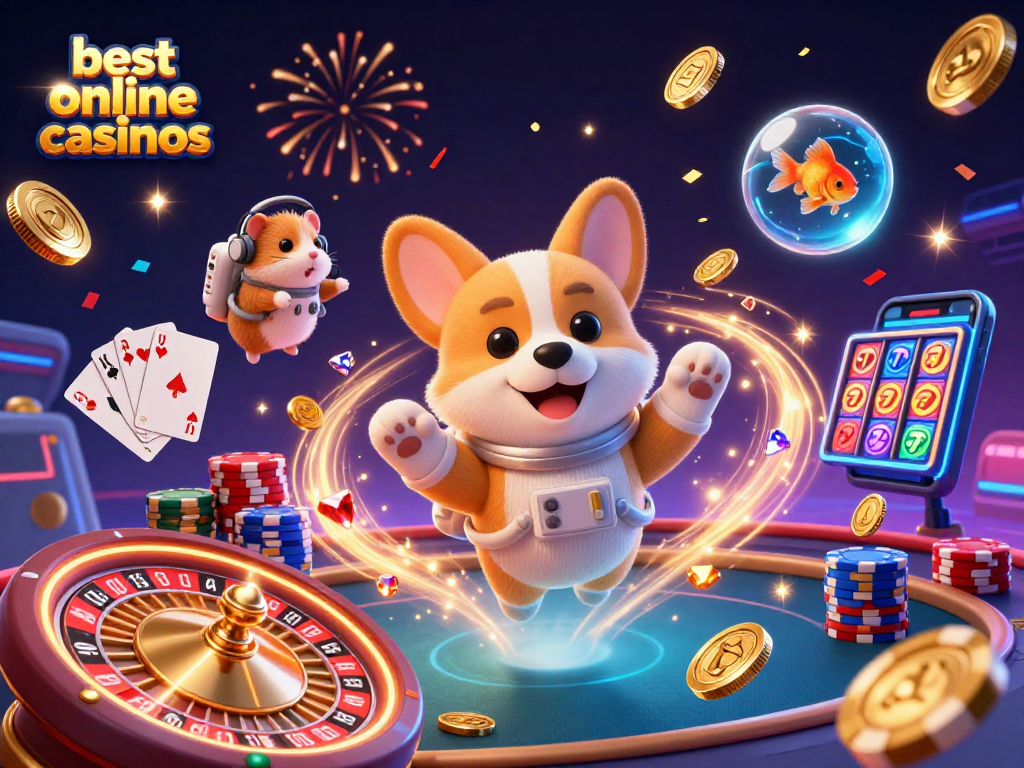 Experience the excitement of best online casinos with floating poker chips and colorful game elements.