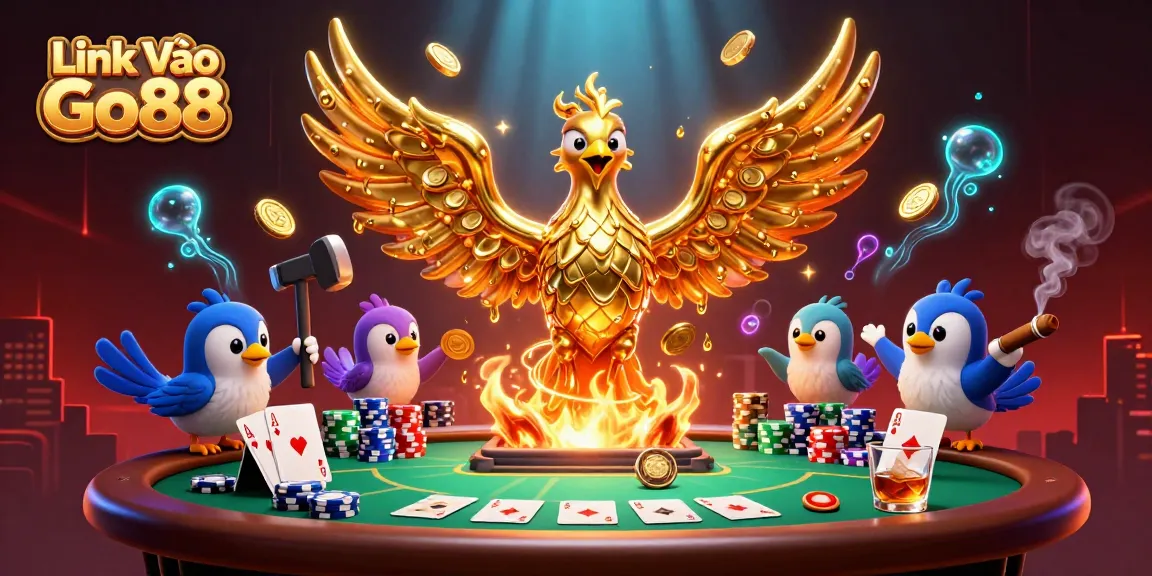 Experience the excitement of Link Vào Go88 in this vibrant casino scene with a playful golden phoenix.