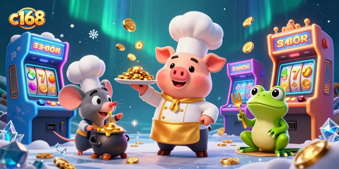 Win big with c168: Cartoon chef serving gold coins amid vibrant casino games.