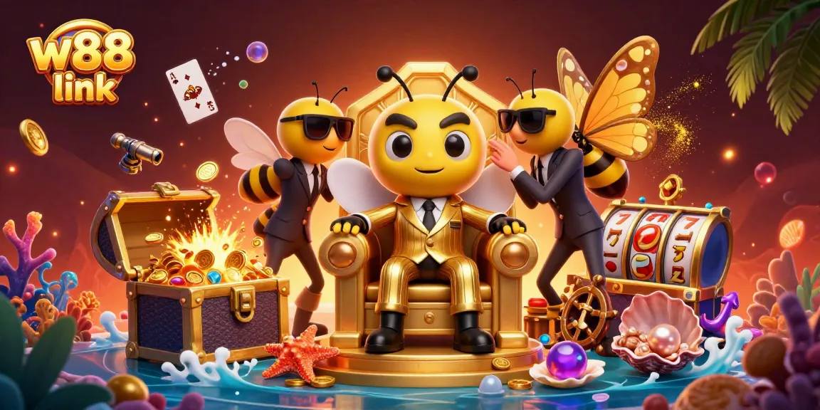 Engage with the thrilling w88 link experience in a vibrant 3D casino illustration featuring playful characters and rich game elements.