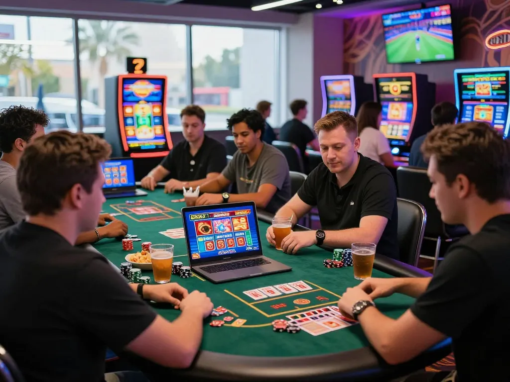Engaging online casino scene at https://da88.navy/ showcasing players at vibrant gaming tables with chips and drinks.
