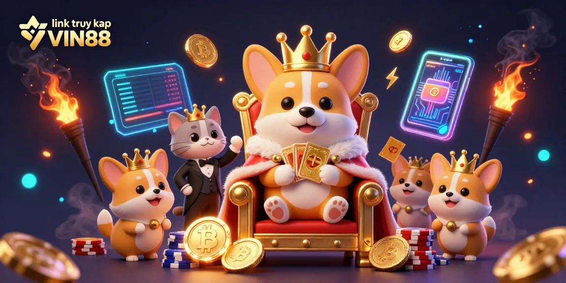 Engage with exciting games at link truy cập VIN88, featuring a royal corgi on poker chips amidst cryptocurrencies.