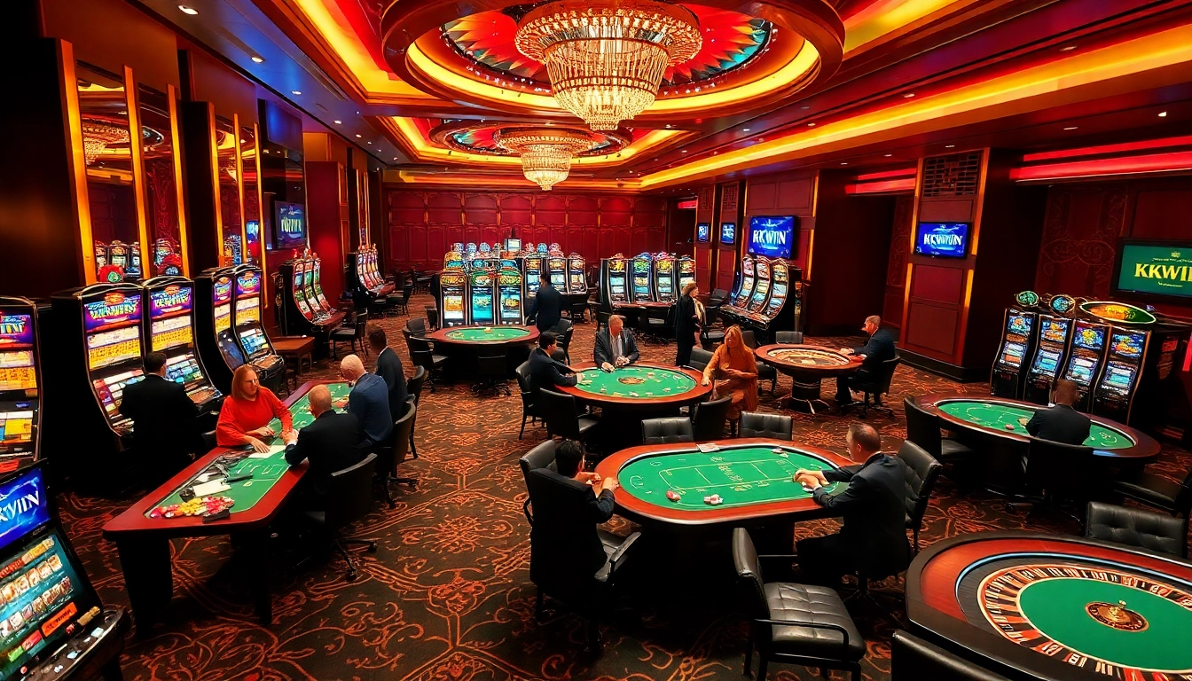 Players enjoying engaging gaming experiences at KKWIN Casino with electrifying slot machines and vibrant tables.