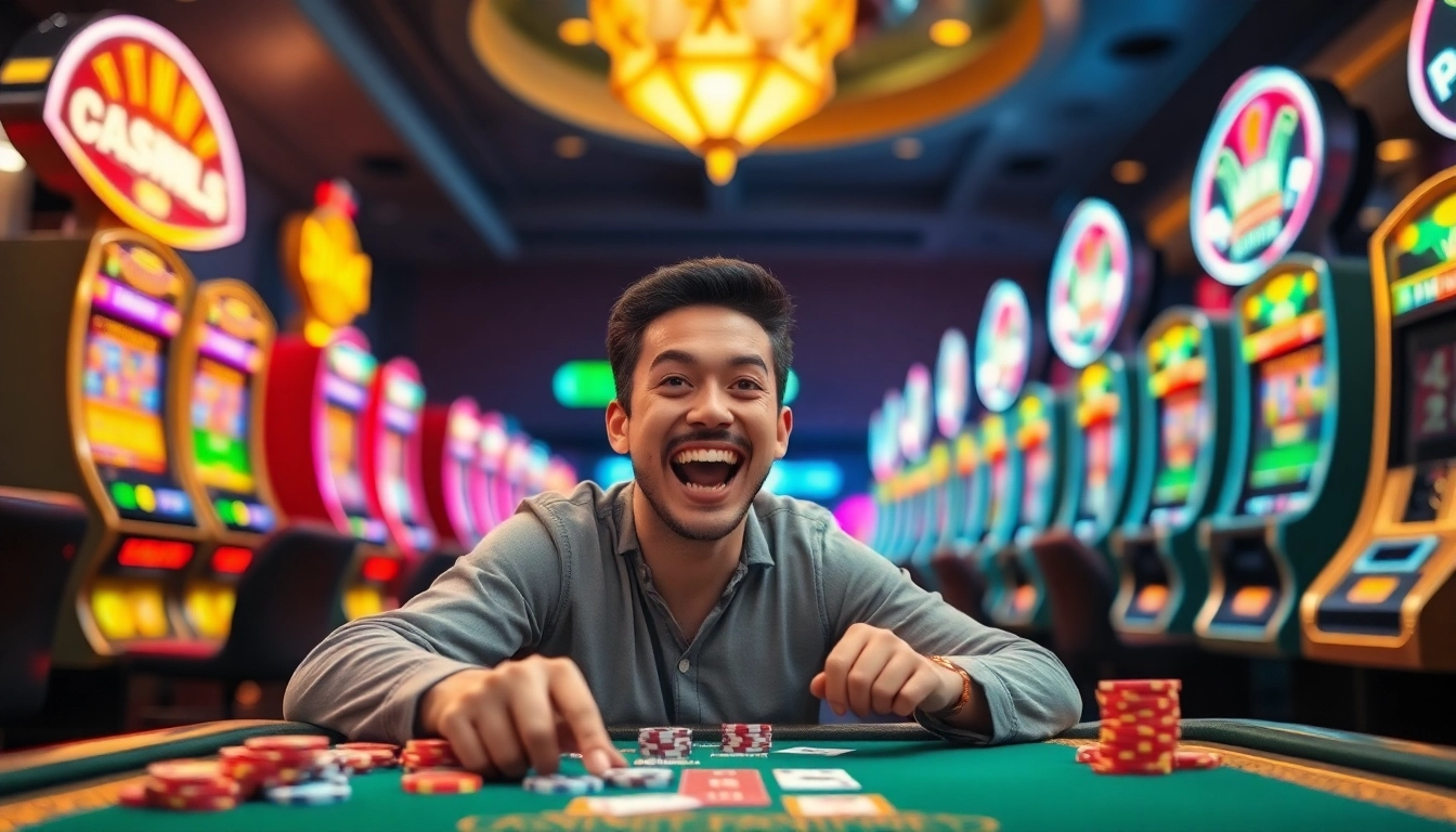 Beim Casinospielen genießt ein Spieler die Aufregung am Tisch und farbenfrohen Automaten.