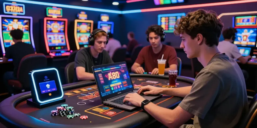 A80 online gaming platform scene with diverse players engaged in casino games, showcasing vibrant graphics and interactive elements.