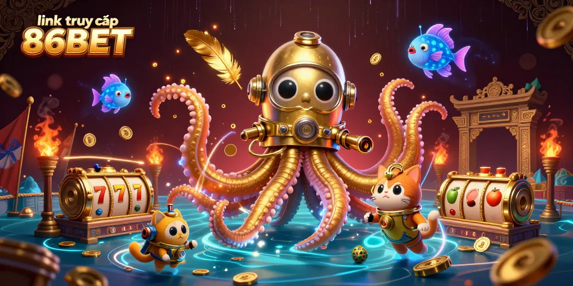 Engage with link truy cập 86BET to join thrilling slot gameplay featuring a kraken and diving cat.