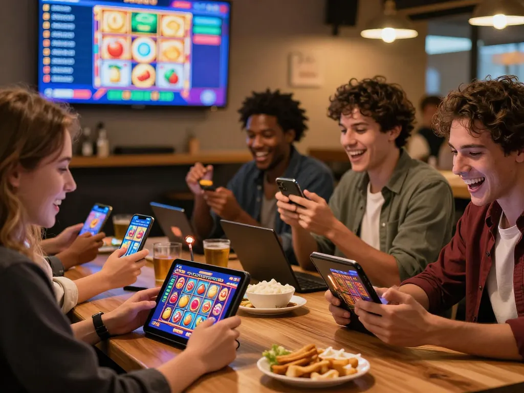 Pemain yang bersemangat menikmati pengalaman slot online yang berwarna-warni di perangkat mereka di kafe yang nyaman, fokus pada komunitas dan kesenangan bermain game poka92.