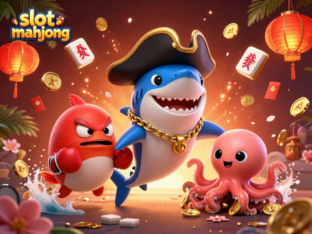 Play slot mahjong and win with lively characters in a vibrant casino scene.