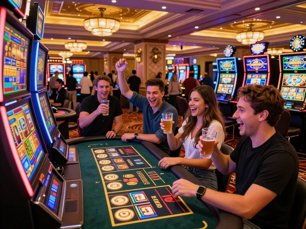 Group of friends enjoying slot gacor hari ini at a colorful casino with vibrant lights and exciting atmosphere.