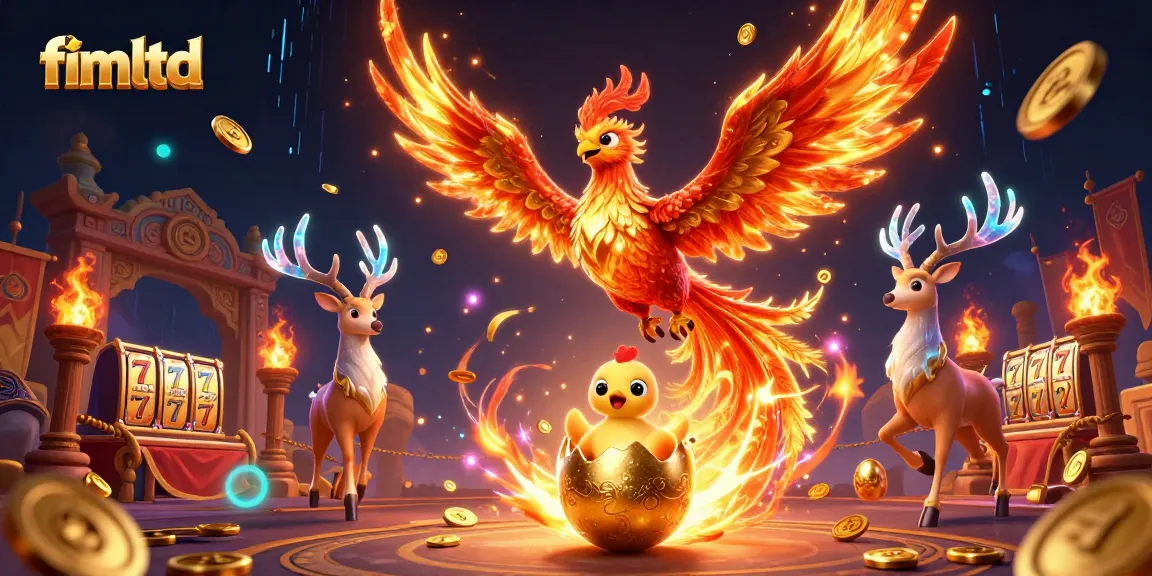 Play thrilling slots at fimltd's vibrant casino with a majestic phoenix and gesturing stag.