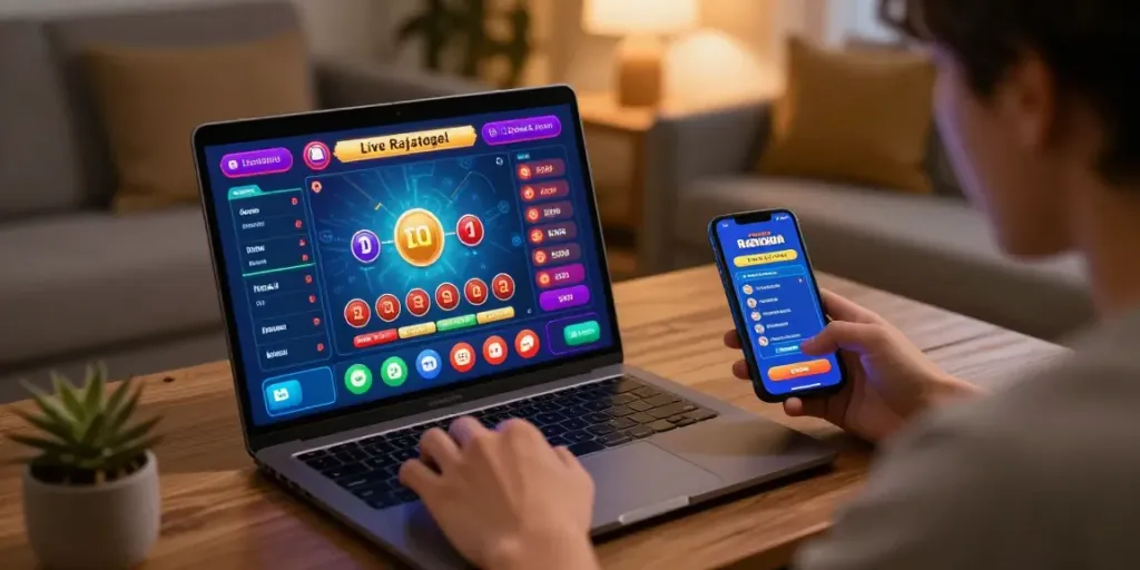Pengguna rajatogel sedang bermain game togel online dengan antusias dalam suasana santai di ruang tamu.