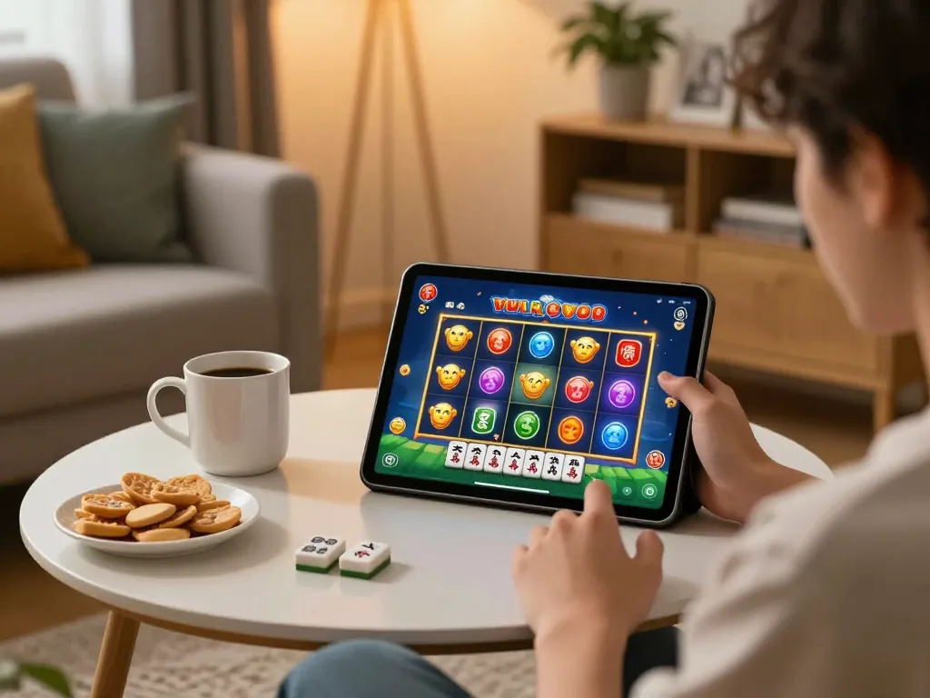 Player enjoying a slot mahjong game on a tablet, showcasing colorful reels in a cozy living room.