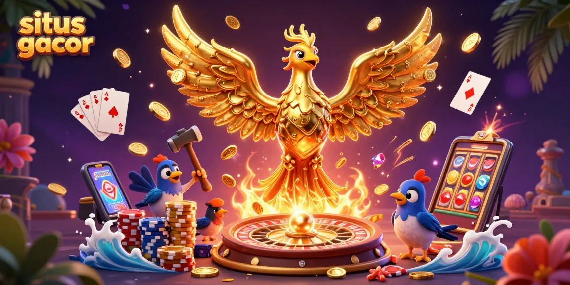 Experience situs gacor with a captivating 3D casino scene featuring golden phoenixes and gaming elements.