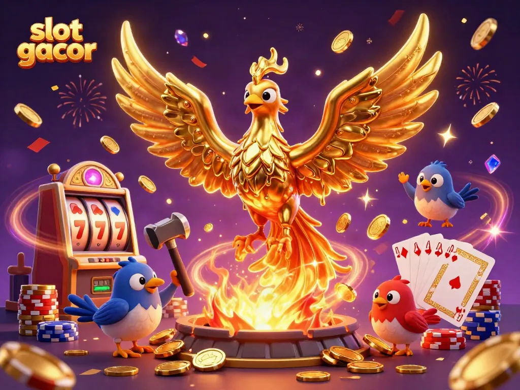 Experience the allure of slot gacor with a dynamic depiction of a golden phoenix and colorful gaming elements.