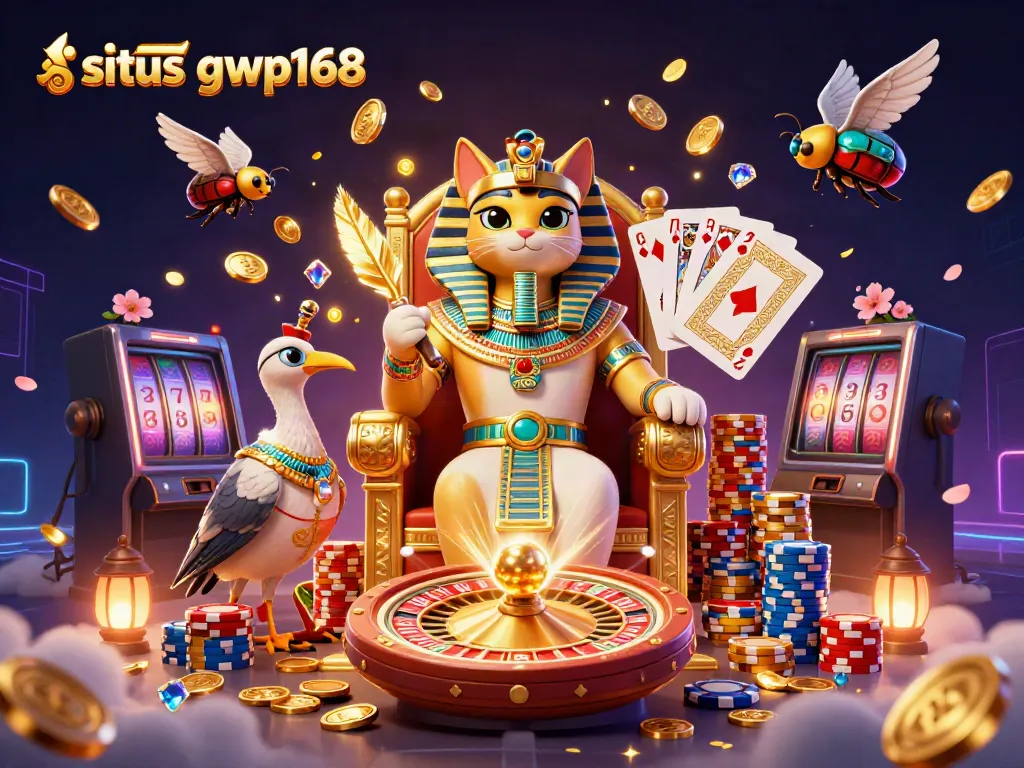 Menangkan permainan di situs gwp168 dengan ilustrasi kasino 3D memukau yang mencakup kucing firaun dan banyak elemen kasino.