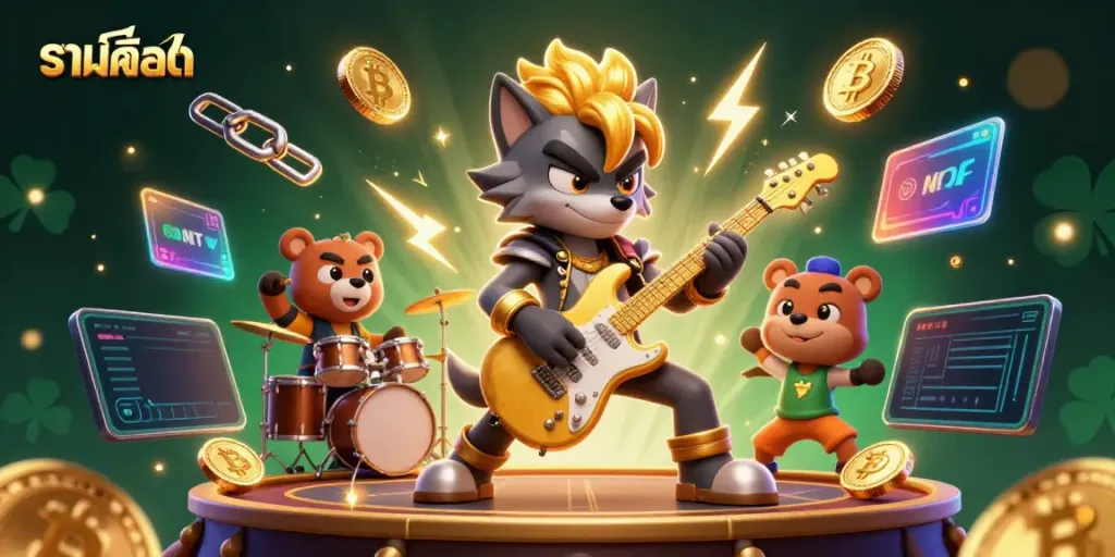 Experience the thrill of รวมเกมสล็อต with dynamic 3D characters celebrating on stage.
