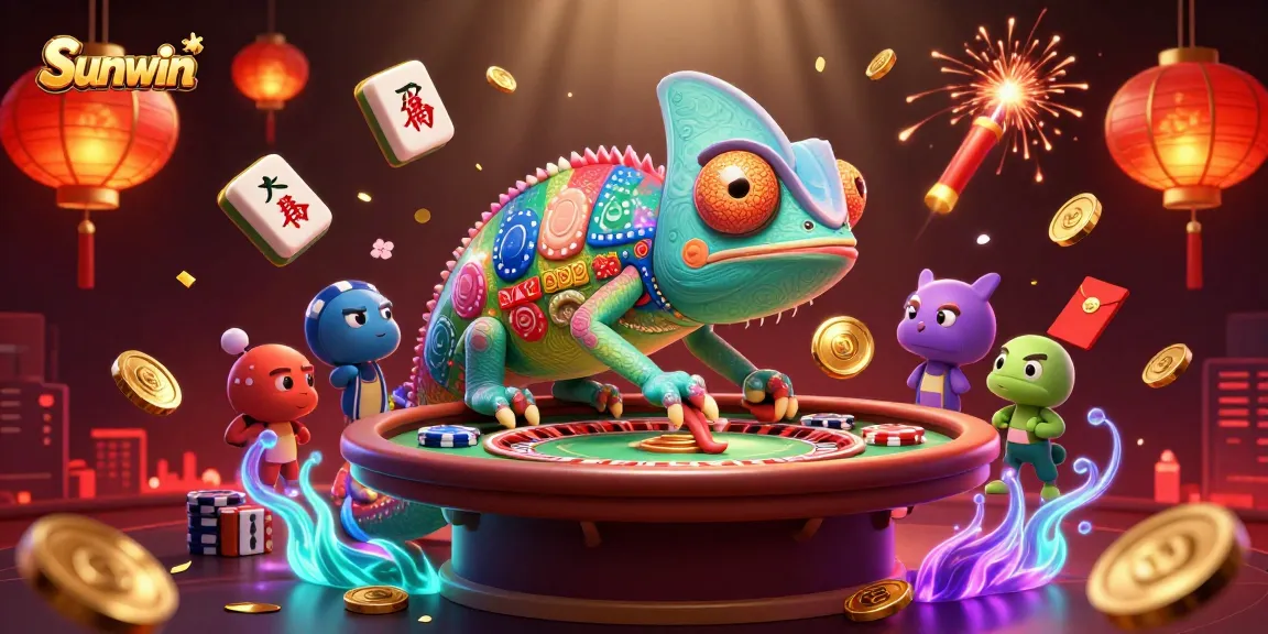 Experience thrilling gameplay at Sunwin with colorful chameleon casino owner amidst vibrant casino elements.