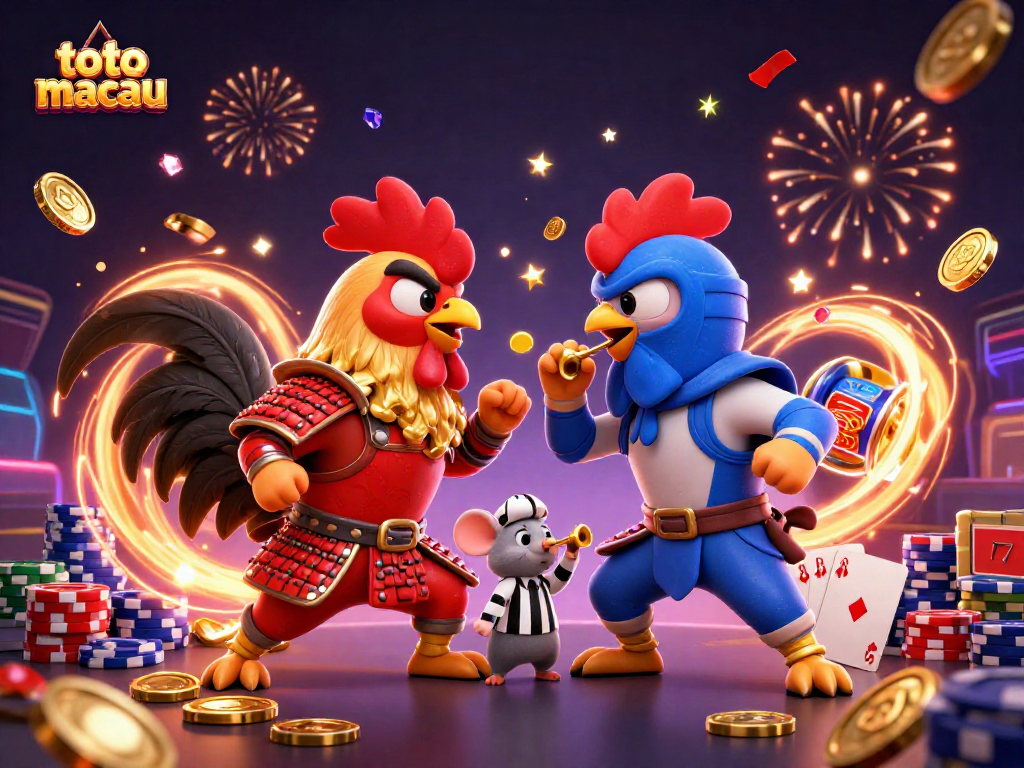 Experience the thrill of toto macau with dynamic gaming action featuring vibrant cartoon roosters and casino elements.