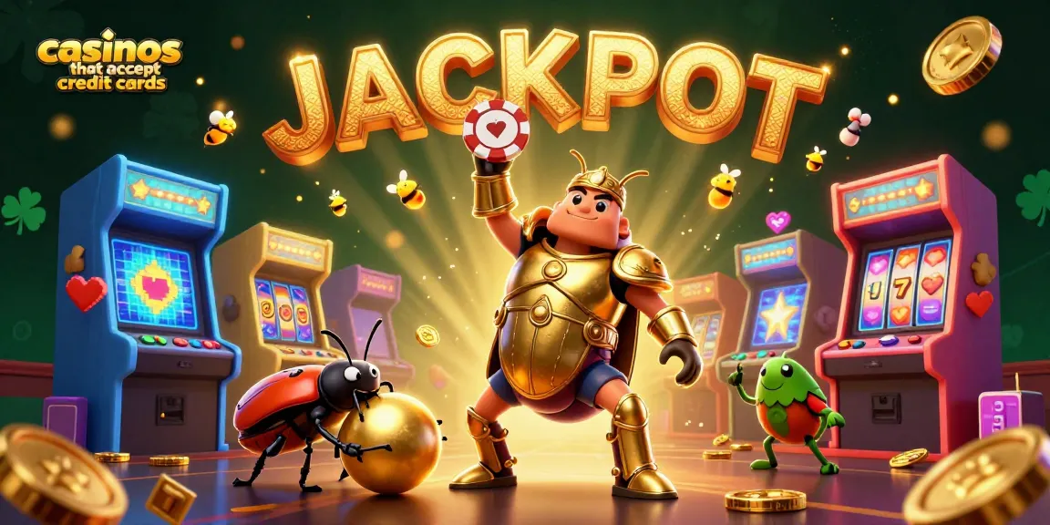 Play fun at casinos that accept credit cards, featuring a heroic beetle amidst animated slots and vibrant gaming elements.